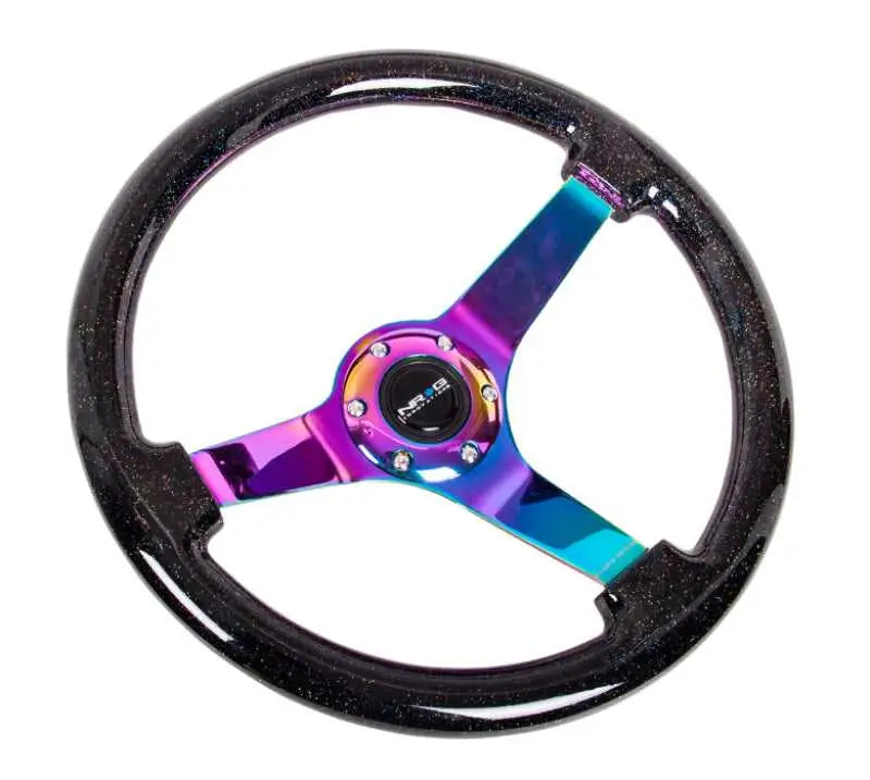 NRG Reinforced Steering Wheel (350mm / 3in. Deep) Classic Blk Sparkle w/4mm Neochrome 3-Spoke Center 