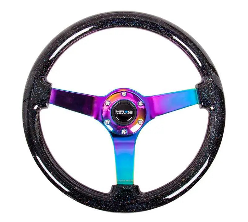 NRG NRG Reinforced Steering Wheel (350mm / 3in. Deep) Classic Blk Sparkle w/4mm Neochrome 3-Spoke Center