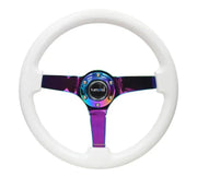 White NRG Reinforced Steering Wheel with iridescent spokes for a slick look