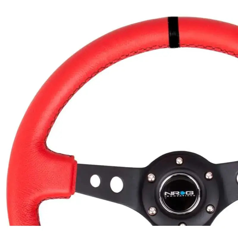 NRG Reinforced Steering Wheel (350mm / 3in. Deep) Red Suede w/Blk Circle Cutout Spokes 