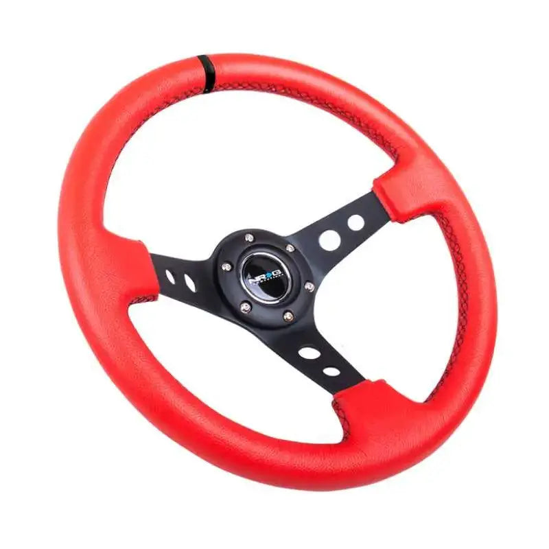NRG Reinforced Steering Wheel (350mm / 3in. Deep) Red Suede w/Blk Circle Cutout Spokes 