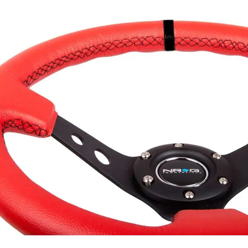 NRG Reinforced Steering Wheel (350mm / 3in. Deep) Red Suede w/Blk Circle Cutout Spokes 