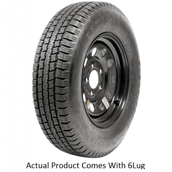 A225R645BMEM Taskmaster St225/75R15 10 Ply Provider tire on 15X6 wheel, designed for trailers and utility vehicles, ensuring durability and reliability with 10-ply construction.