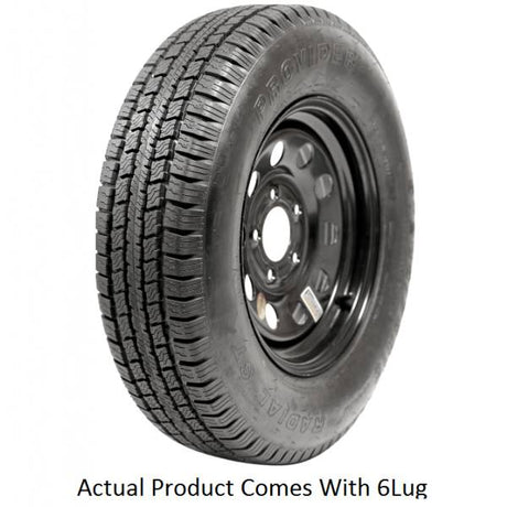 A225R645BMEM Taskmaster St225/75R15 10 Ply Provider tire on 15X6 wheel, designed for trailers and utility vehicles, ensuring durability and reliability with 10-ply construction.