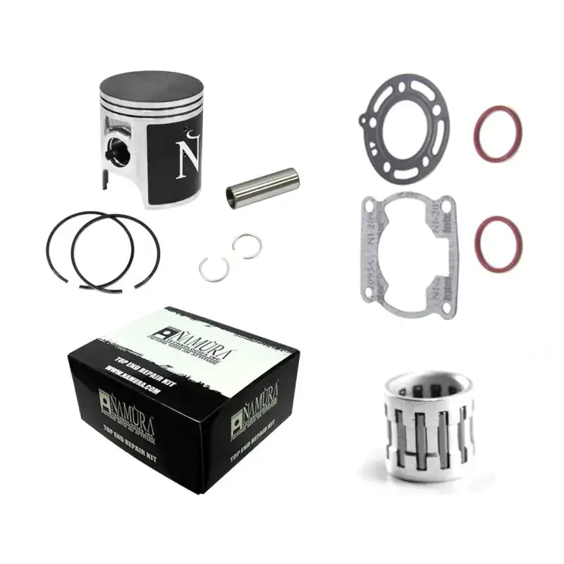 Namura NX-20080K Top End Kit Nikasil Cyl 47.95/Std for Kawasaki, featuring MOS2 coated piston, rings, wrist pin, clips, top end bearing, and gasket kit. Durable and heat resistant with machined smooth heads.