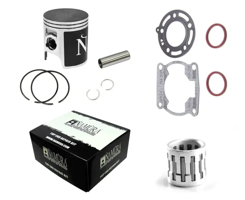 Namura NX-20080K Top End Kit Nikasil Cyl 47.95/Std for Kawasaki, featuring MOS2 coated piston, rings, wrist pin, clips, top end bearing, and gasket kit. Durable and heat resistant with machined smooth heads.