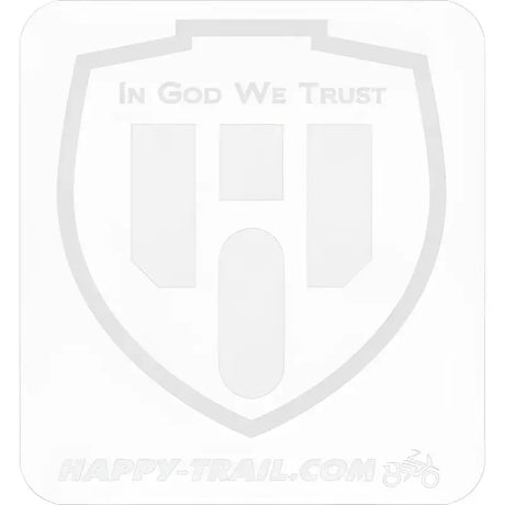 White shield sticker with In God We Trust and HAPPY-TRAIL.com for NXPFB230-WHT Pro Armor front bumper