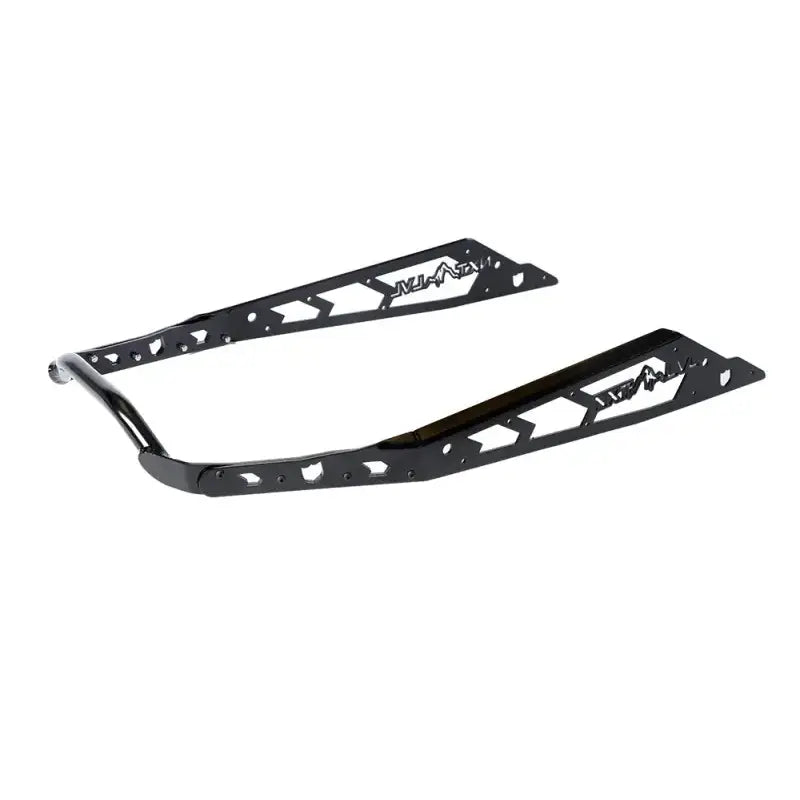 Black metal snowmobile running board stirrups with cut-out designs for NXPRB232-FBK rear bumper