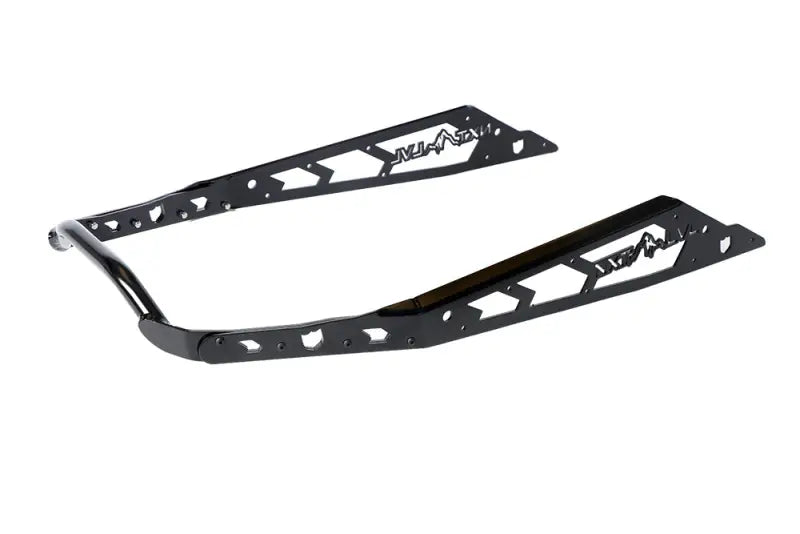 Black metal snowmobile running board stirrups with cut-out designs for NXPRB232-FBK rear bumper