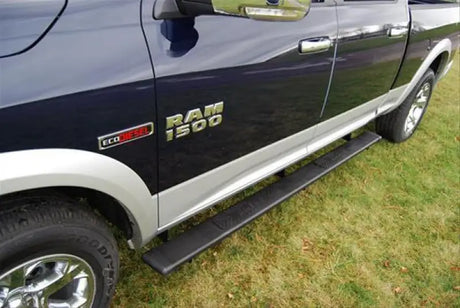 Blue Ram 1500 pickup truck in Owens Univl Crw Cab Textd Black style