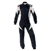 Black white OMP First Evo racing suit with red accents, size 64