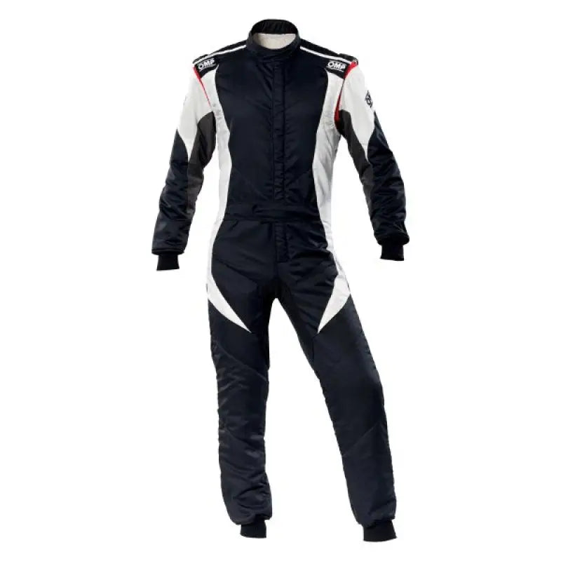 Black white OMP First Evo racing suit with red accents, size 64