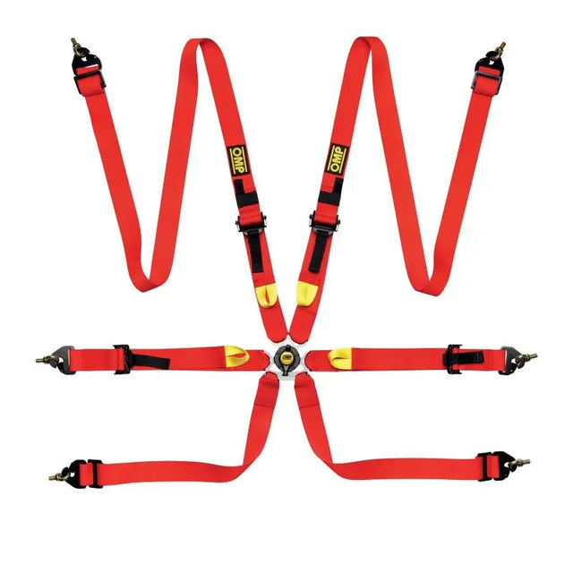 Red six-point racing harness from OMP Safety Harness First 2In Red, FIA approved