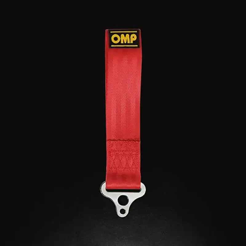 Red fabric tow strap with metal attachment for OMP Tow Hook stainless 100mm medium
