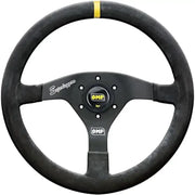 Black suede leather OMP Velocita Superleggero steering wheel with yellow stripe