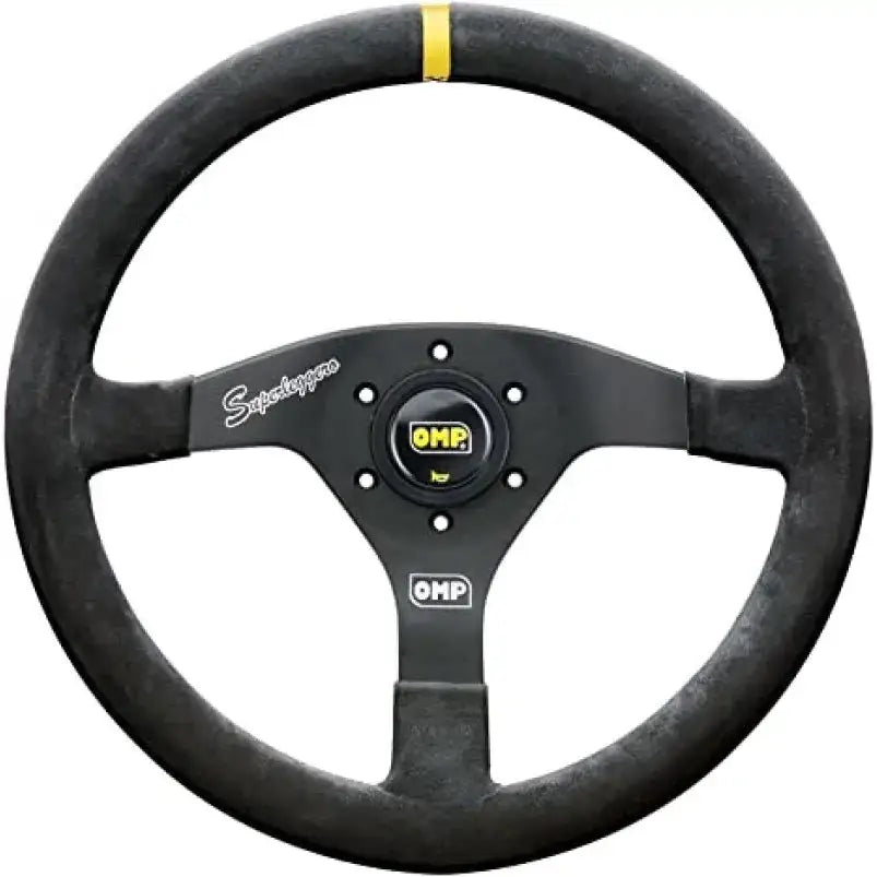 Black suede leather OMP Velocita Superleggero steering wheel with yellow stripe
