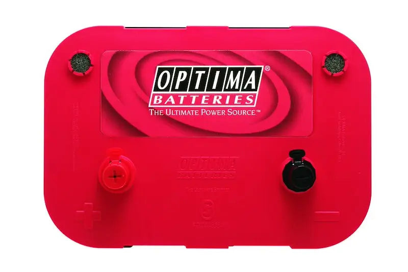 Bright red Optima bat with black terminals for starting power