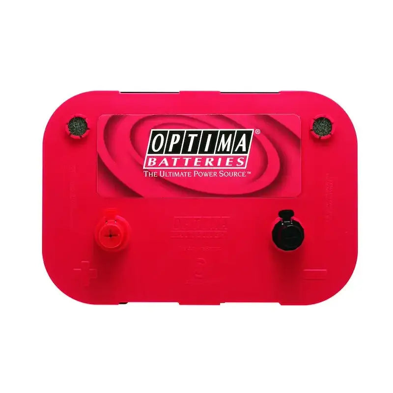 Bright red Optima bat with black terminals for starting power