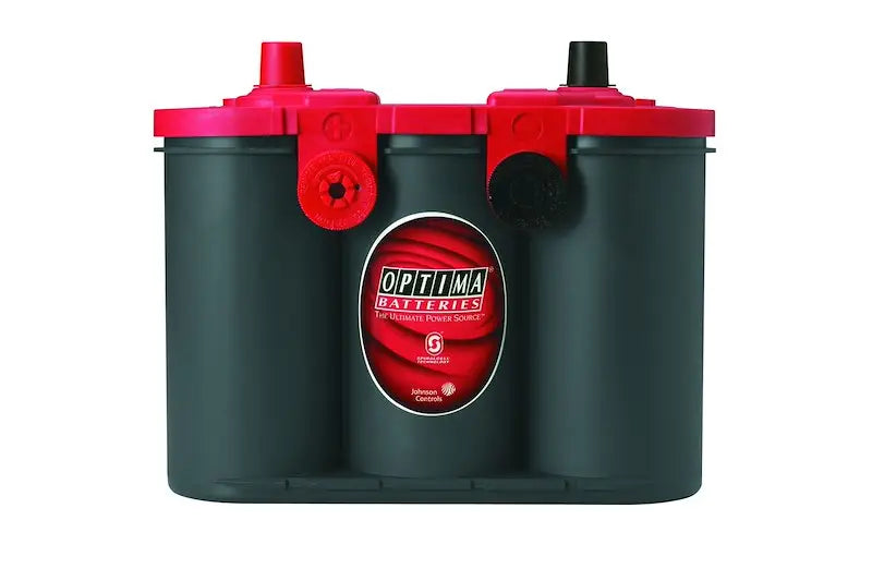 Dark green Optima Red Top battery with red caps for truck accessories