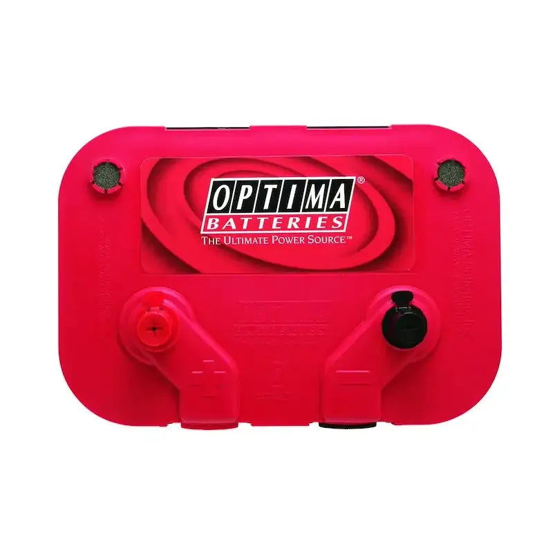 Bright red Optima battery with black caps for truck accessories