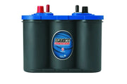 Dark gray Optima Bat 34M Blue starting power battery with blue top and red black terminals