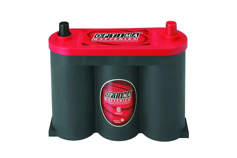 Red and black Optima battery with textured top and dual terminals for reliable power