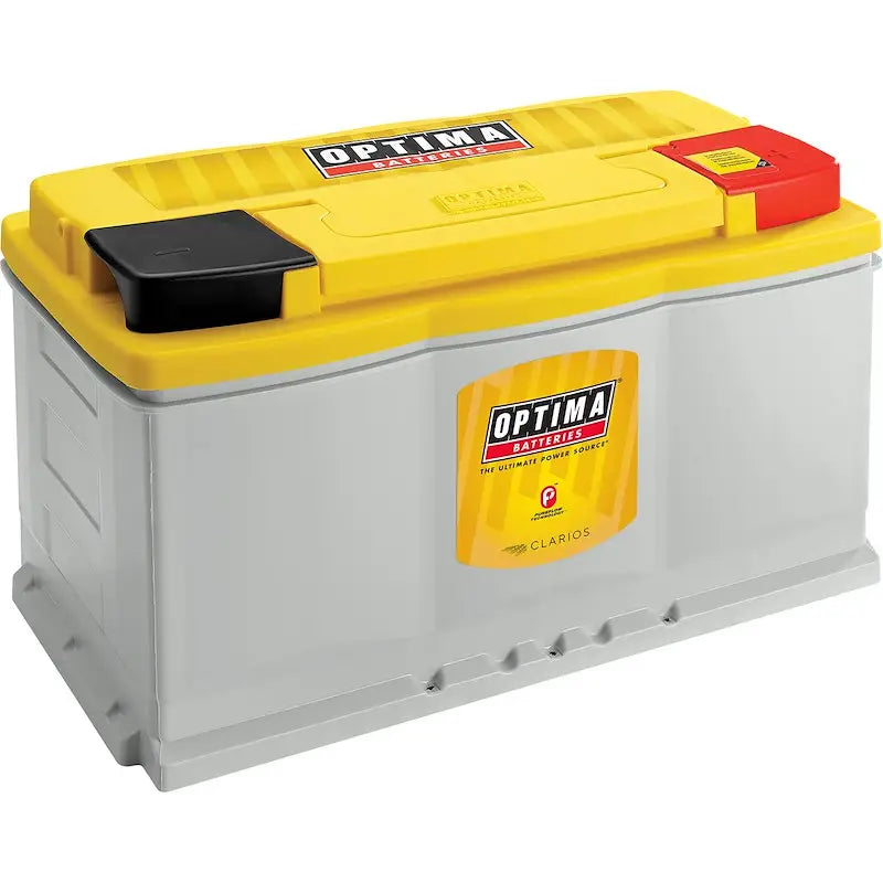 Yellow and gray Optima Bat 12 volt group DH7 battery with red terminal cap