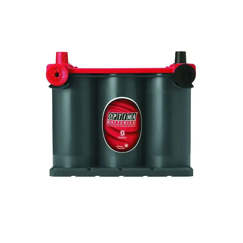 Dark gray Optima Bat red top battery with oval label for starting power