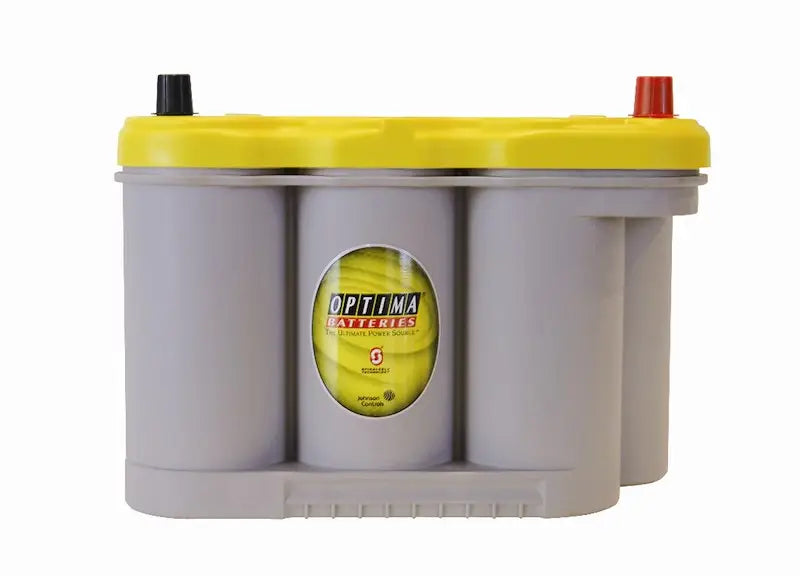 Gray and yellow Optima Battery D27F Yellow Top with black and red terminals