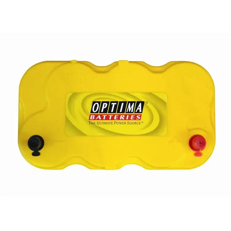 Bright yellow Optima Battery D27F with red positive and black negative terminals