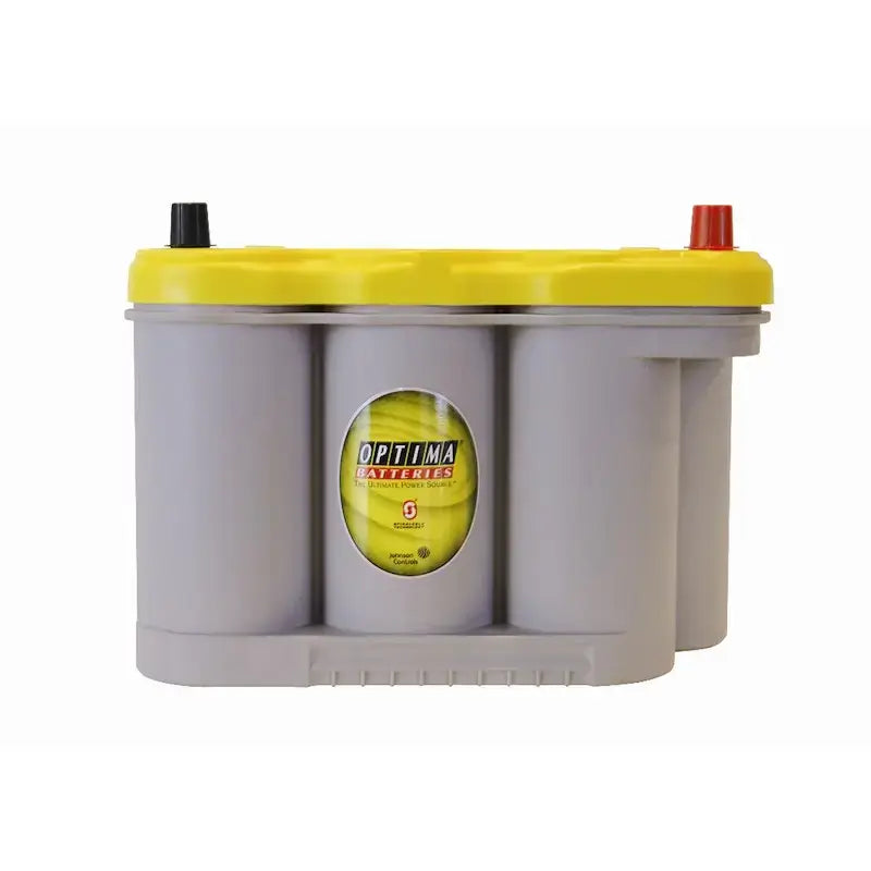 Gray and yellow Optima Battery D27F Yellow Top with black and red terminals