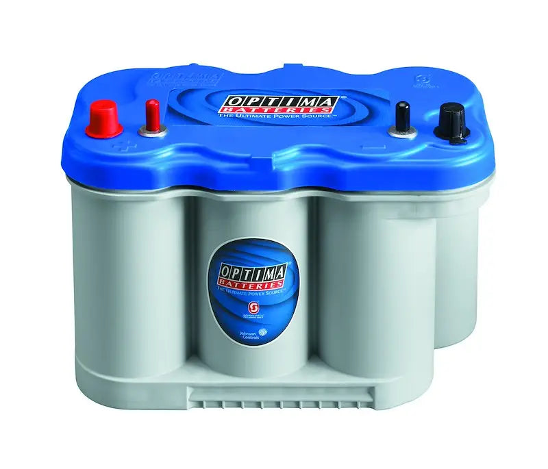 Optima D27M Blue Top battery with blue gray case and red black terminals