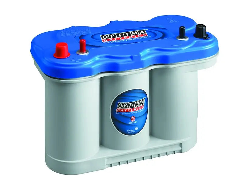 Optima D27M Blue Top battery with blue gray case and red black terminals