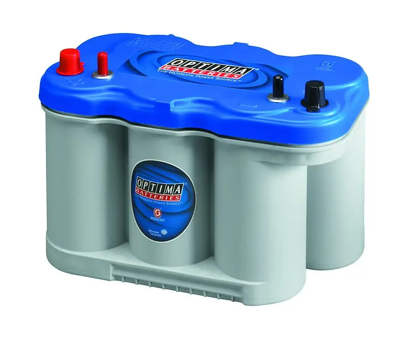 Optima D27M Blue Top battery with blue gray case and red black terminals