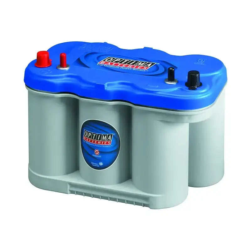 Optima D27M Blue Top battery with blue gray case and red black terminals