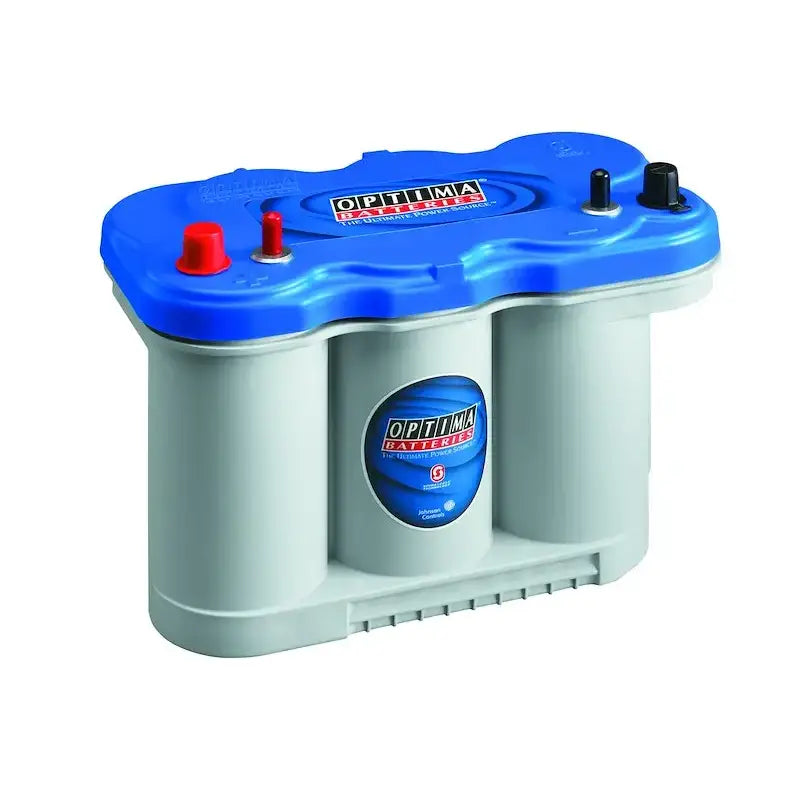 Optima D27M Blue Top battery with blue gray case and red black terminals