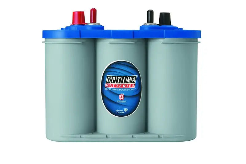 Optima D34M Blue Top battery with light gray dual-cell design and red black terminals