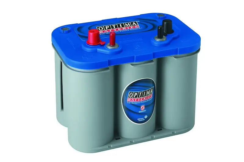 Optima D34M blue top battery with blue gray case and red black terminals