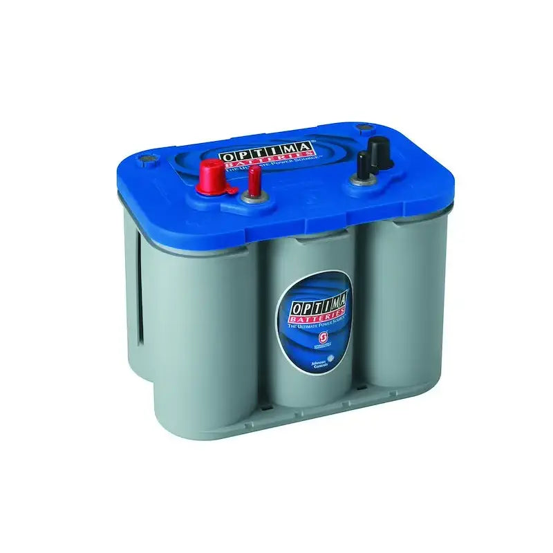 Optima D34M blue top battery with blue gray case and red black terminals