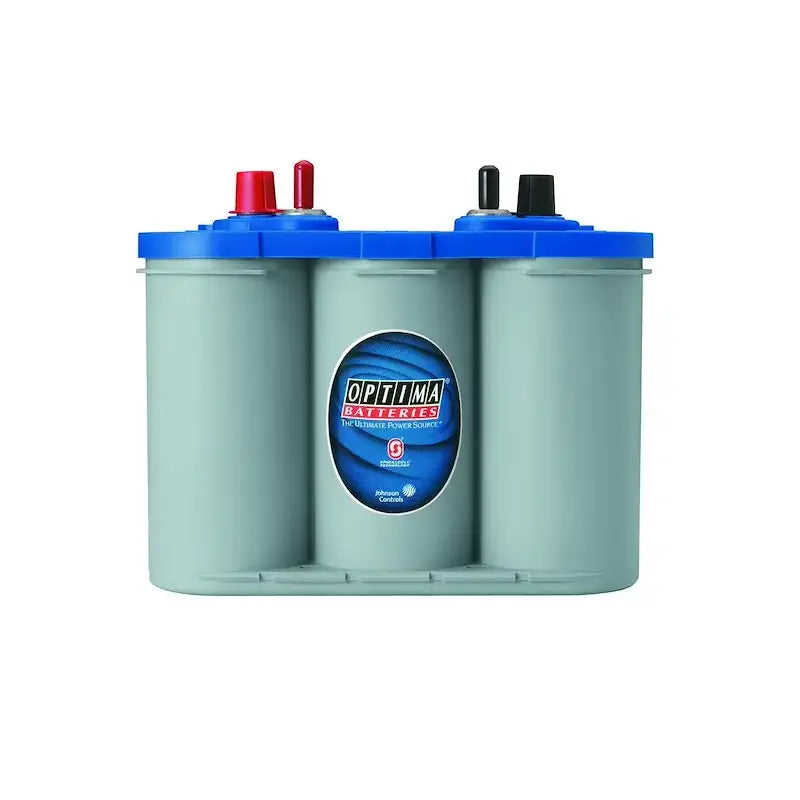 Optima D34M Blue Top battery with light gray dual-cell design and red black terminals