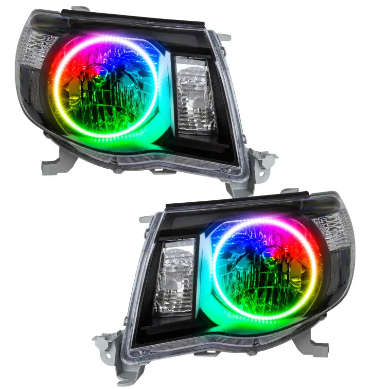 Pair of aftermarket Toyota Tacoma SMD headlights with colorful halo rings for a bold look