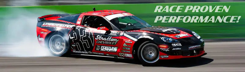 Red and black race car drifting showcasing Chevrolet Corvette concept sidemarker set
