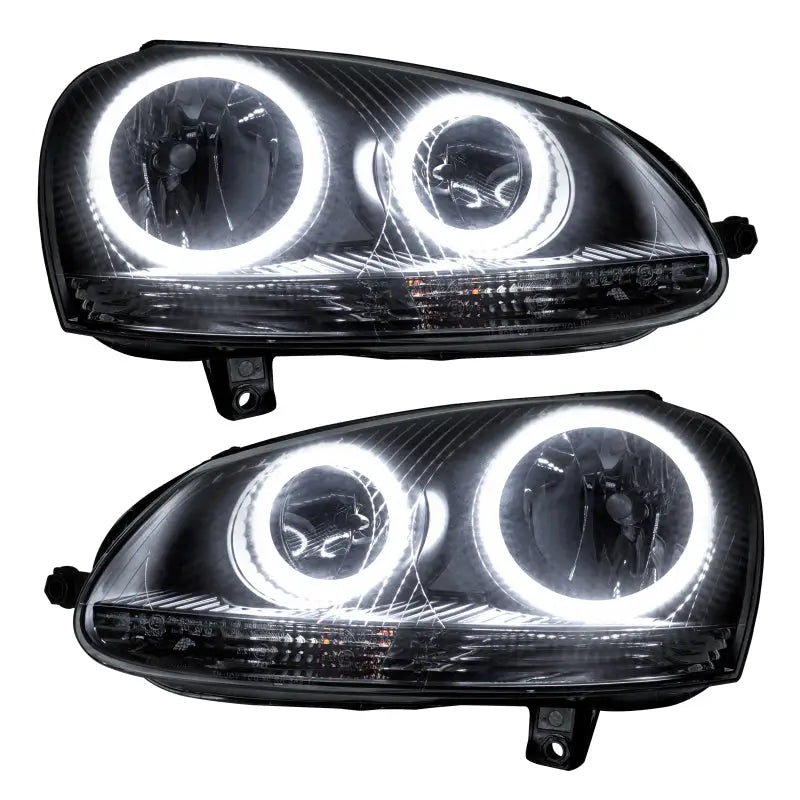 Black aftermarket headlights with white LED halo rings for Volkswagen Jetta SMD models