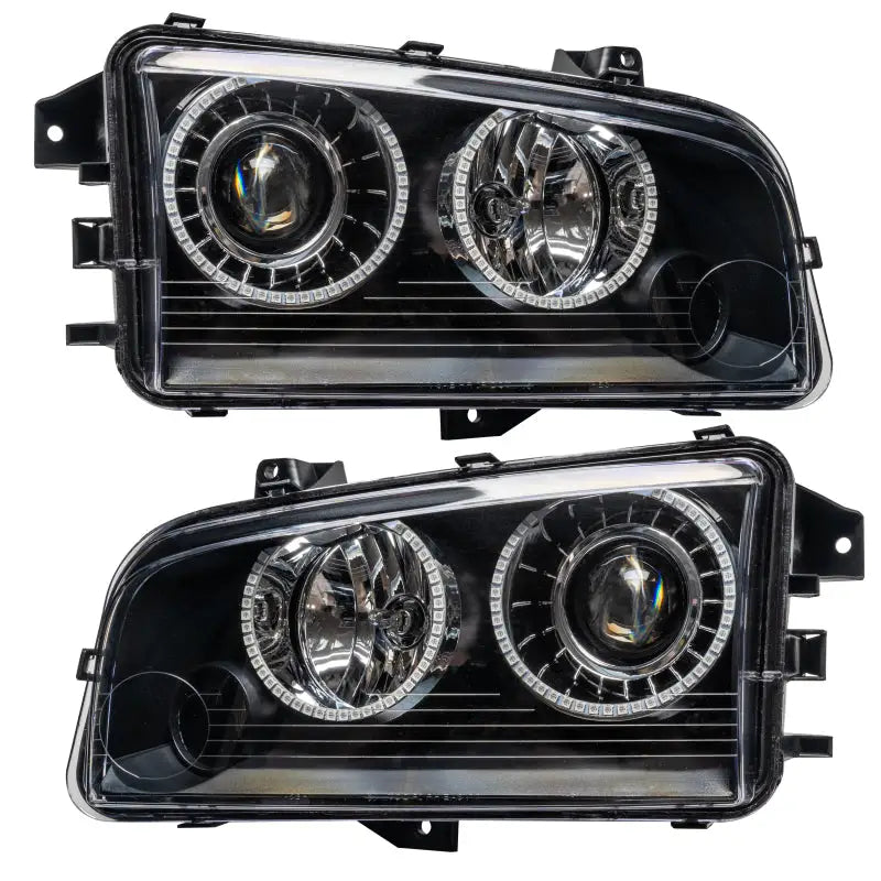Black projector headlights for Dodge Charger with Oracle halo rings and SMD LEDs