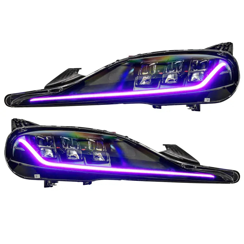 Pair of aftermarket Toyota Supra headlights with purple LED accents for RGB+A DRL upgrade kit