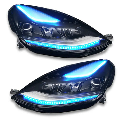 Blue LED headlights from the Oracle 2021+ Tesla Model 3 Colorshift Headlight DRL kit
