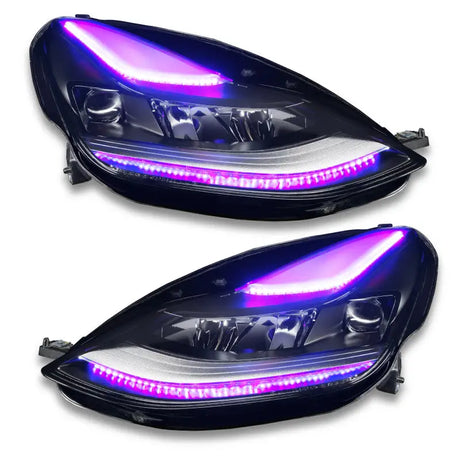 Pair of aftermarket Tesla Model 3 headlights with purple LED accents and dynamic colorshift tech