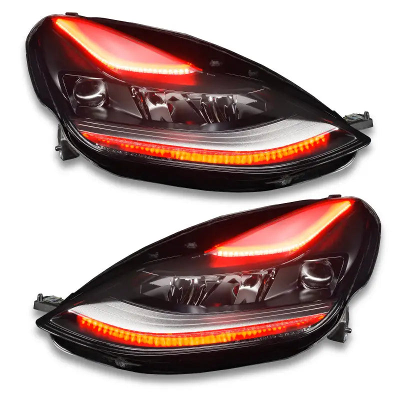 Black car headlights with red and white LED strips from Oracle 2021+ Tesla Model 3 colorshift headlight DRL kit