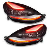 Black car headlights with red and white LED strips from Oracle 2021+ Tesla Model 3 colorshift headlight DRL kit