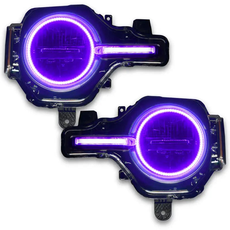 Purple LED headlights featuring a colorshift headlight halo for Ford Bronco with headlight halo kit